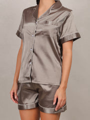 Women Solid Satin nighitwear Short Sleeve Shirt & Shorts Set for Women Lounge wear Nightsuit