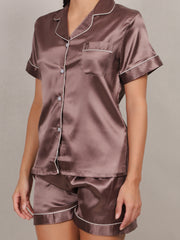 Women Solid Satin nighitwear Short Sleeve Shirt & Shorts Set for Women Lounge wear Nightsuit