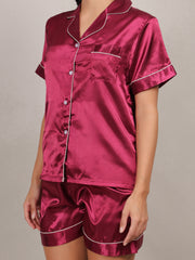 Women Solid Satin nighitwear Short Sleeve Shirt & Shorts Set for Women Lounge wear Nightsuit