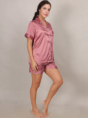 Women Solid Satin nighitwear Short Sleeve Shirt & Shorts Set for Women Lounge wear Nightsuit