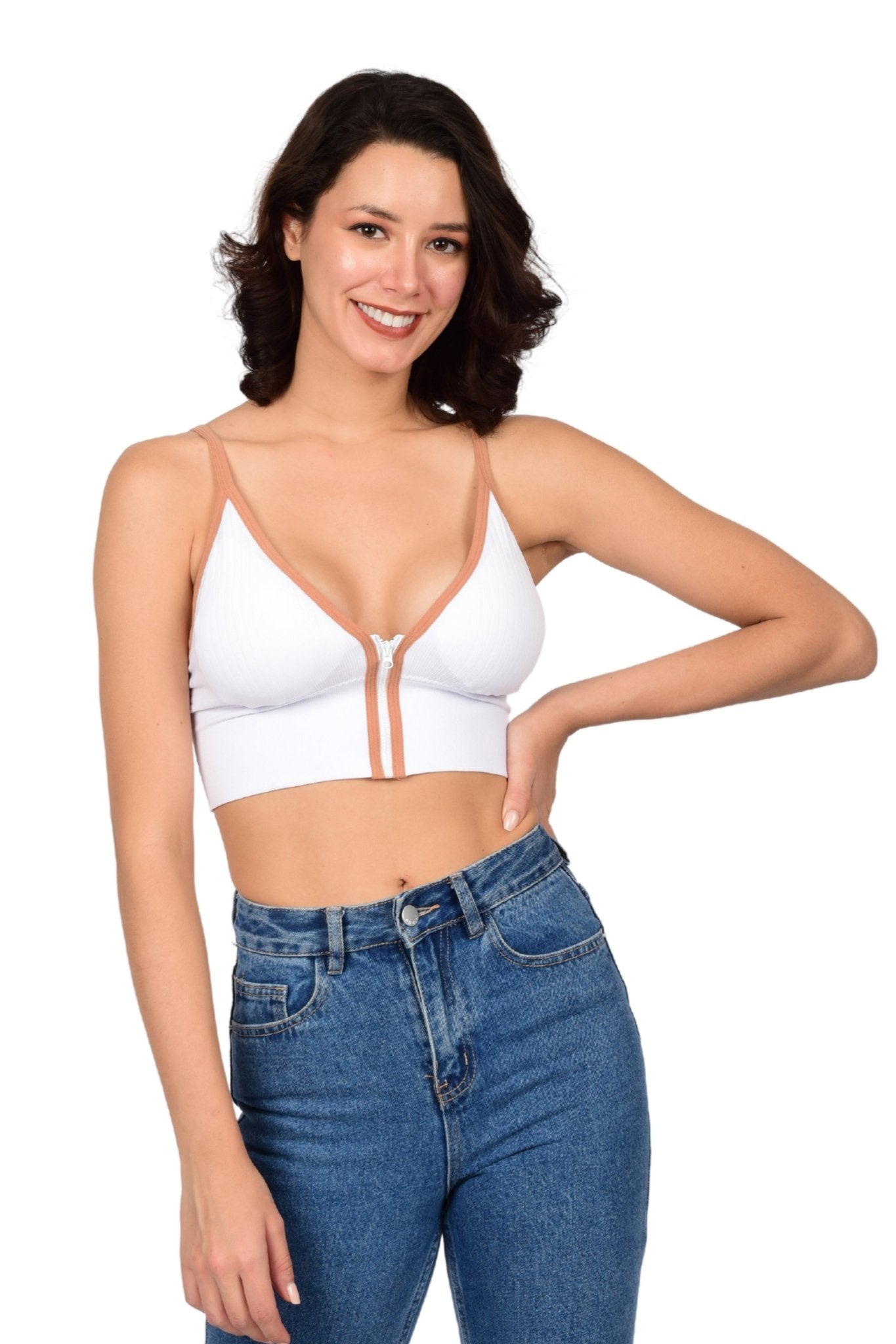 Bare Dezire Front Zip lightly Padded Cami Top Bra for Women - Bare Dezire