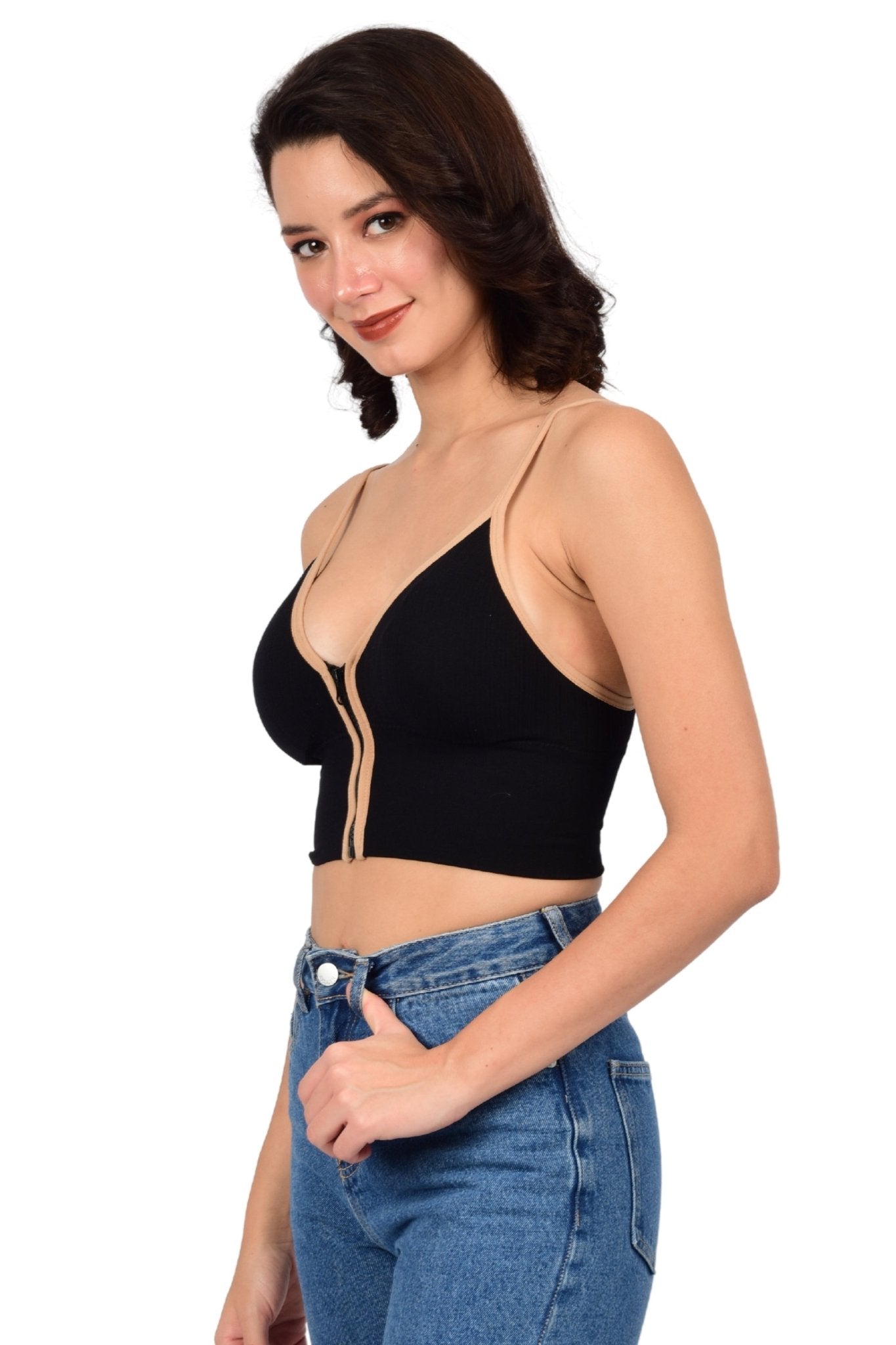 Bare Dezire Front Zip lightly Padded Cami Top Bra for Women - Bare Dezire